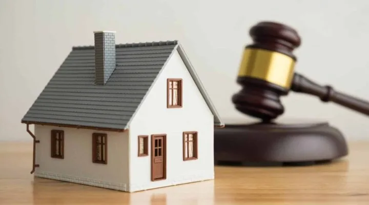 The image shows a beautiful two-story house with a gavel superimposed on it, symbolising divorce.