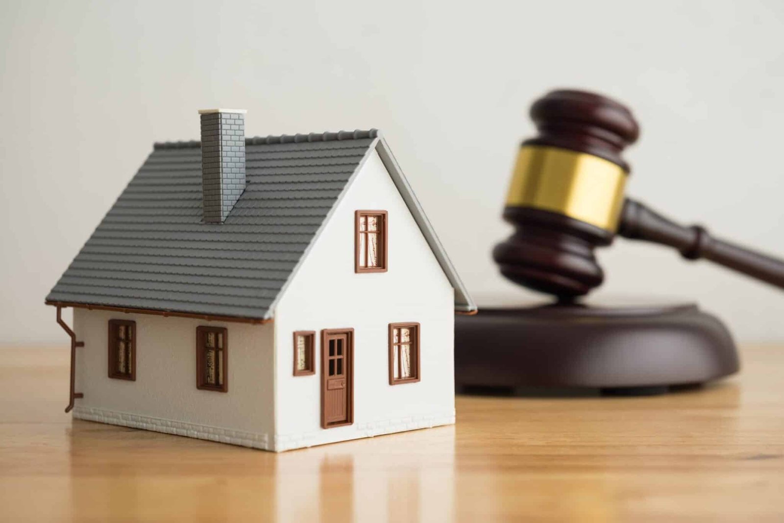The image shows a beautiful two-story house with a gavel superimposed on it, symbolising divorce.