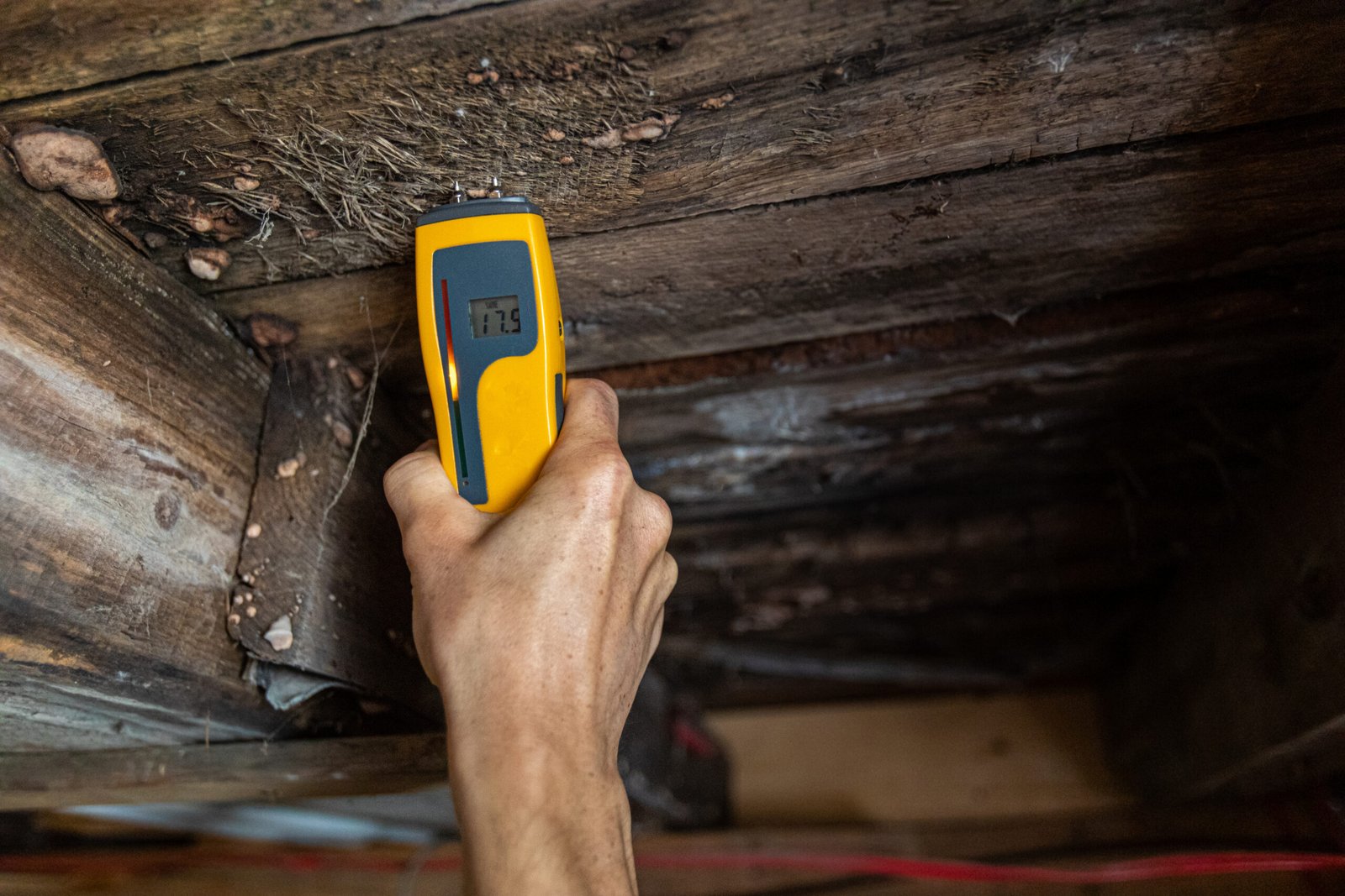 hand holding up a damp meter to a wooden wall