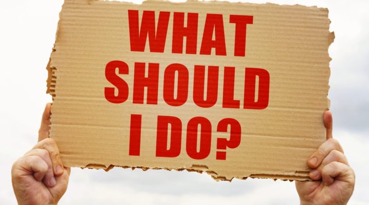 cardboard poster being held up with the text "what should i do"